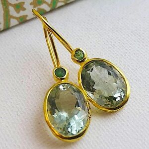 Green Amethyst Gold Plated Dangle Earrings Natural Gem Gemstone Jewelry